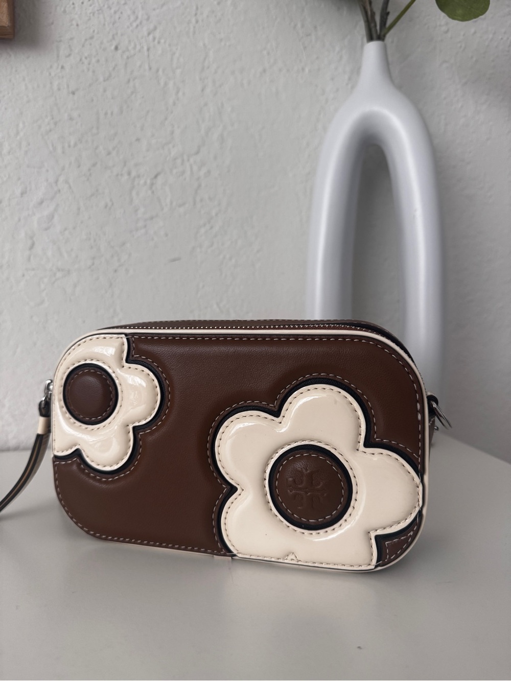 Tory Burch Mini Miller Brown and Cream Leather Floral Appliqué Crossbody